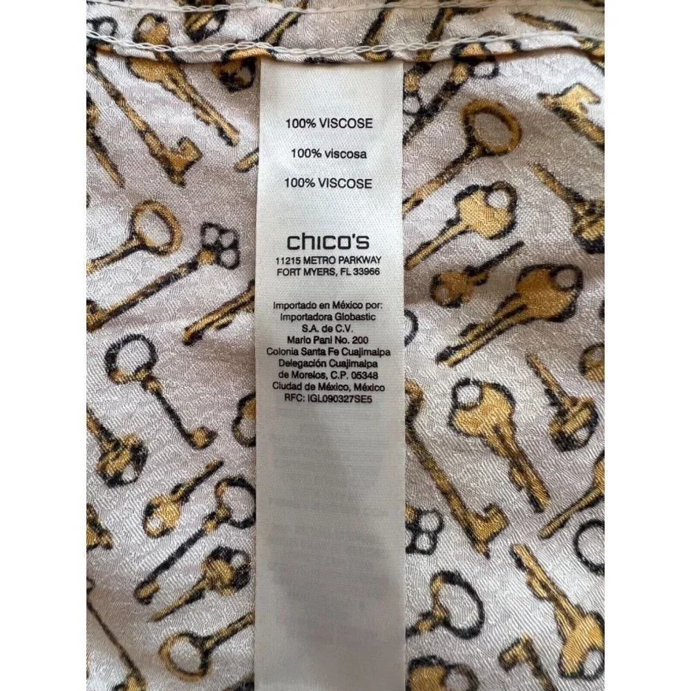 Chico's 2 or L Petite Top Golden Keys Prints Soft Button Shirt Blouse Long Slv - Picture 6 of 7